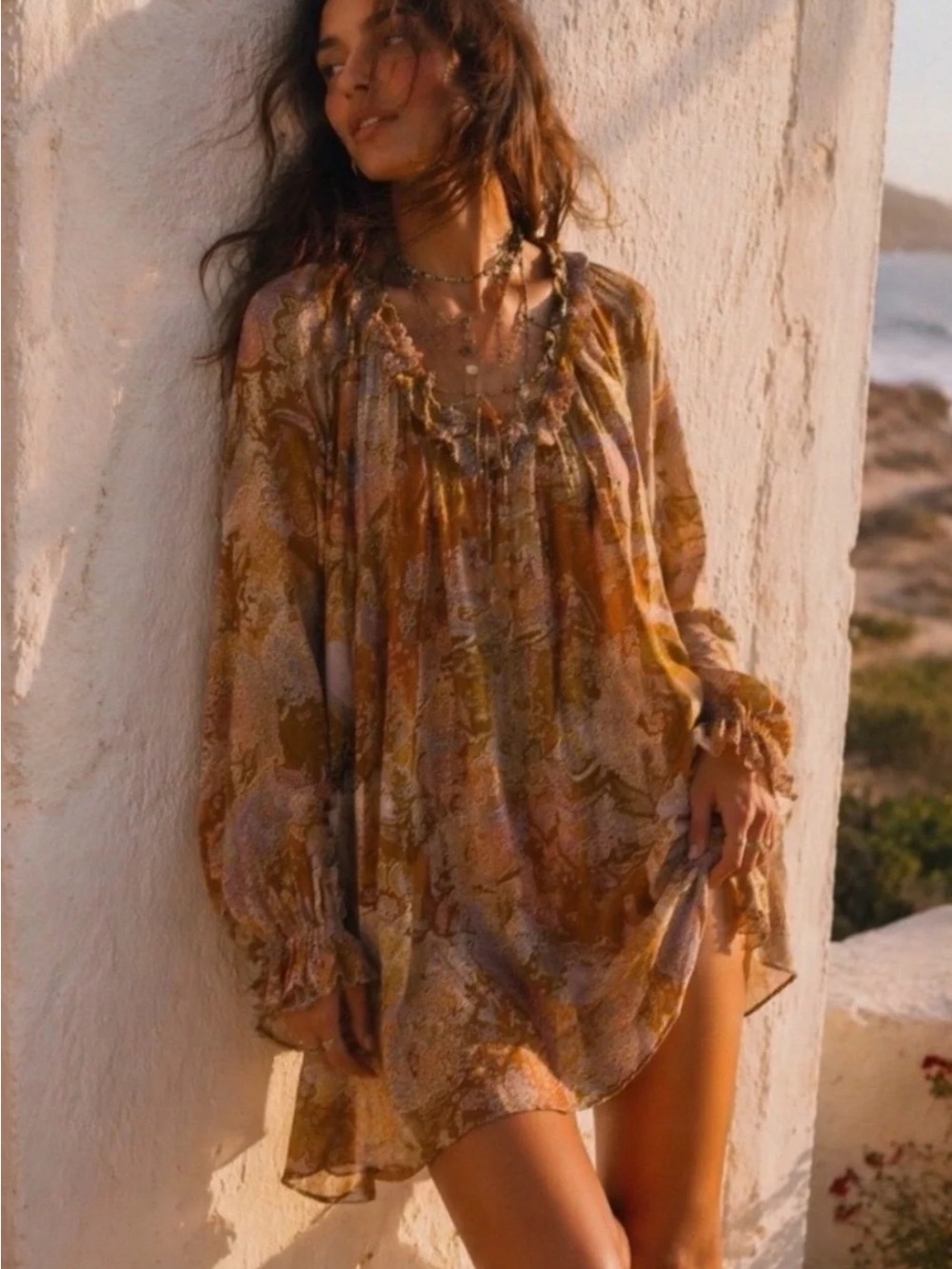 Haute Hippie Paisley Long Sleeve Dress in Rust, Pink & Mustard - Picture 9 of 9
